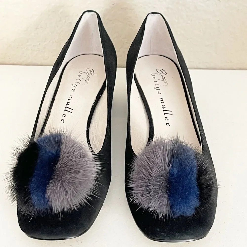 Bettye Muller Black and Blue Fur Accent Heels 8